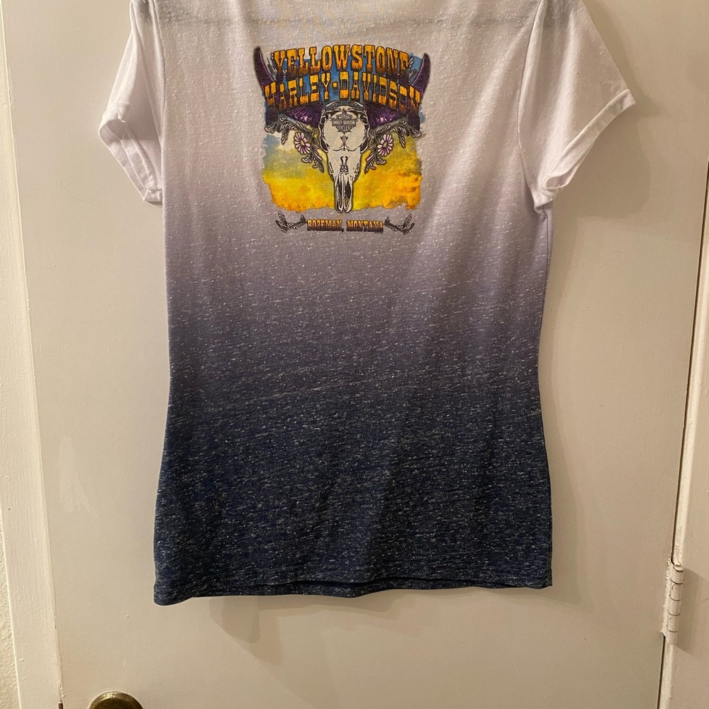 Harley-Davidson Yellowstone Bozeman Montana V-Neck Tee Ombre Blue Size M - Picture 5 of 8